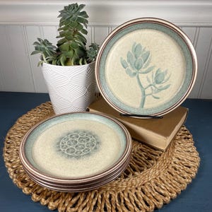 Vintage 70s Mikasa Harrison McIntosh Stone Valley II Salat Teller - Set mit 4 Cactus Flower Moon Kieselsteinen