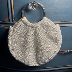 Vintage 1960s Silver Gray Beaded Bangle Handbag Hand-Beaded Hong Kong Evening Bag Ring Handle Purse