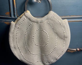 Vintage 1960s Silver Gray Beaded Bangle Handbag Hand-Beaded Hong Kong Evening Bag Ring Handle Purse