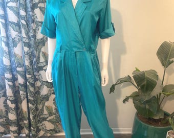 Vintage 80s Westbound Teal Jumpsuit Size 12 Short Sleeve Pleated Shoulder Pads Pockets