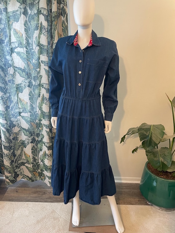 Vintage 80s 90s Carol Anderson Denim Tiered Maxi Prairie Dress Lightweight Denim