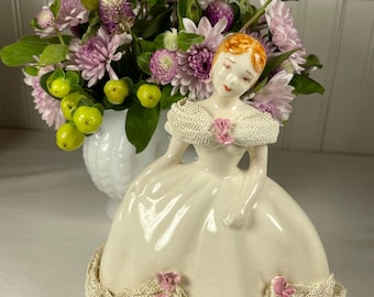 Vintage Mid Century Victorian Porcelain Lady Figurine - Woman Lace Trim Dress Pink Flowers 50s