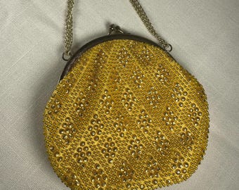 Vintage 50s 60s Walborg Hand-Beaded Yellow Gold Evening Bag - Made in Hong Kong