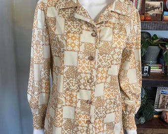 Vintage 70s Patchwork Folk Bird Print Blouse Mustard Yellow Tan Polyester Shirt
