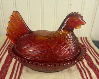Vintage 70s Indiana Glass Amber Glass Hen on Nest Covered Dish with Red Flash Patina Fireglow