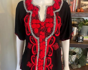 Vintage 70s Black Red Heavy Embroidered Mexican Tunic Top Boho Rayon Slit Blouse