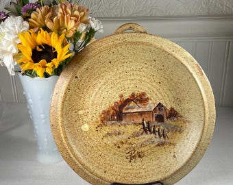 Vintage Hand-Painted Studio Pottery Barn Scene Platter | Rustic Autumn Farmstead Primitive Western Farmhouse 1970s- 80s
