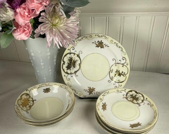 Juego de vajilla vintage de los años 50, pintada a mano, de filigrana dorada japonesa - 8 piezas - Porcelana floral crema y dorada - Servicio de té de mediados de siglo TAL CUAL