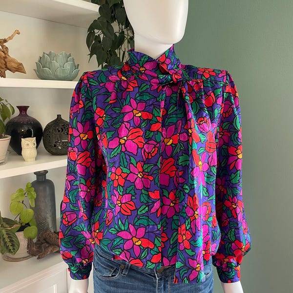 Bright Bold Floral Blouse 80s 90s Shoulder Pads Scarf Detail Med Lg
