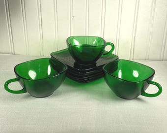 Vintage smaragdgroen glazen theekopjes schotelset - 3 kopjes en 6 borden art deco depressieglas
