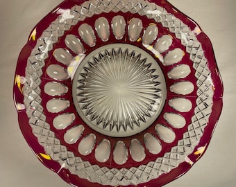 Vintage Mid Century Ruby Stained King’s Crown Diamond Point Large Ruffled Bowl