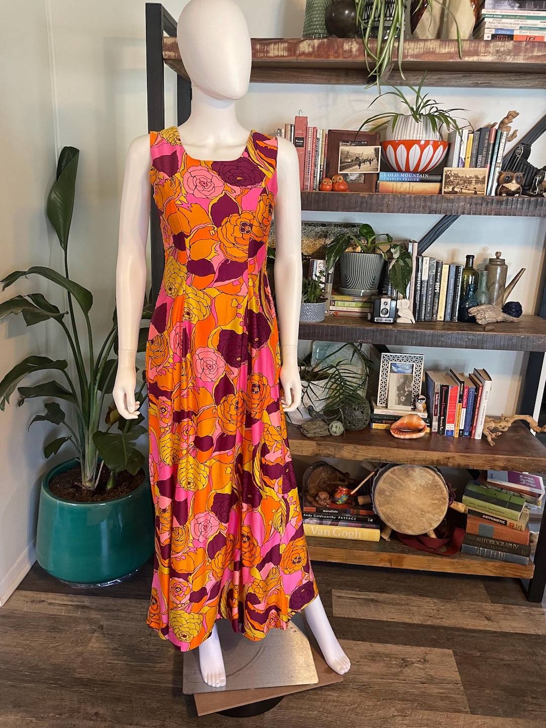 Vintage Hukilau Fashions Hawaiian Maxi Dress Bright Orange Pink Yellow ...