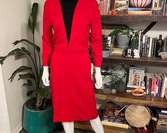 Vintage 60s Sebastian Mod Dress Made in Italy 100% Wool Red & Black Knit Midi