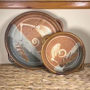 Vintage Studio Pottery Handled Baking Dishes Set, Artisan Stoneware Round Casserole Pans, Glazed Earthy Terracotta Spiral Design, Set of 2