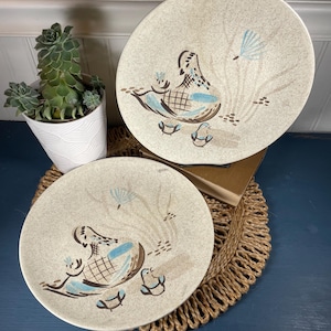 Juego de 3 platos vintage de los años 50 y 60 de Red Wing, pintados a mano con diseño de codorniz Bob White, cerámica de mediados de siglo con motivos de aves.