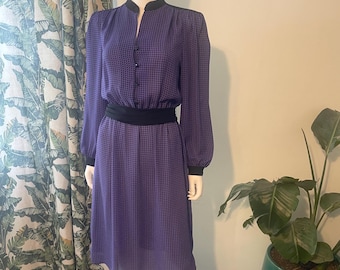 Vintage 70s 80s Tabby of California Purple Houndstooth Midi Dress Long Sleeve Size 8
