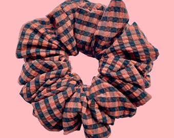 Handmade Oversized Scrunchie: Red and Black Check Seersucker