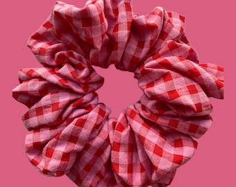Large Handmade Scrunchie// Oversized Pink and Red Checked Scrunchie