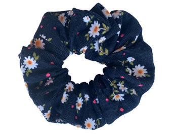 Handmade Corduroy Scrunchie: Navy Floral Daisy Hair Accessory
