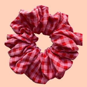 Pu&ograve; includere: Un elastico per capelli in tessuto gingham rosso e rosa.