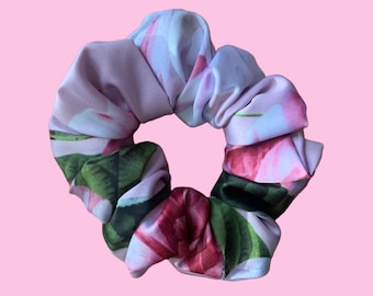 Handmade Satin Scrunchie: Pink Floral Hair Accessory.