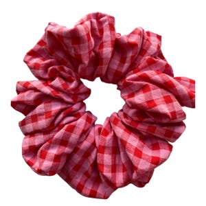 Pu&ograve; includere: Un elastico per capelli in tessuto gingham rosso e rosa.