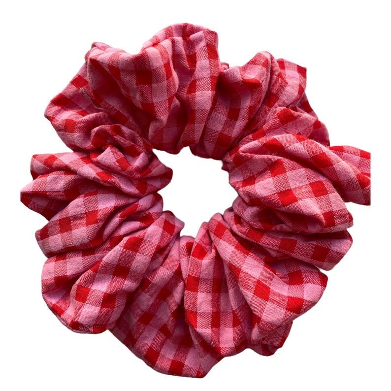 Pu&ograve; includere: Un elastico per capelli in tessuto gingham rosso e rosa.