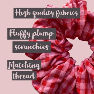 Pu&ograve; includere: Un elastico per capelli in tessuto gingham rosso e rosa con il testo "High quality fabrics", "Fluffy plump scrunchies" e "Matching thread".