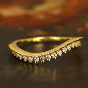 Solid Gold Chevron Wedding Ring: Curved Lab Grown Diamond Stacking Band