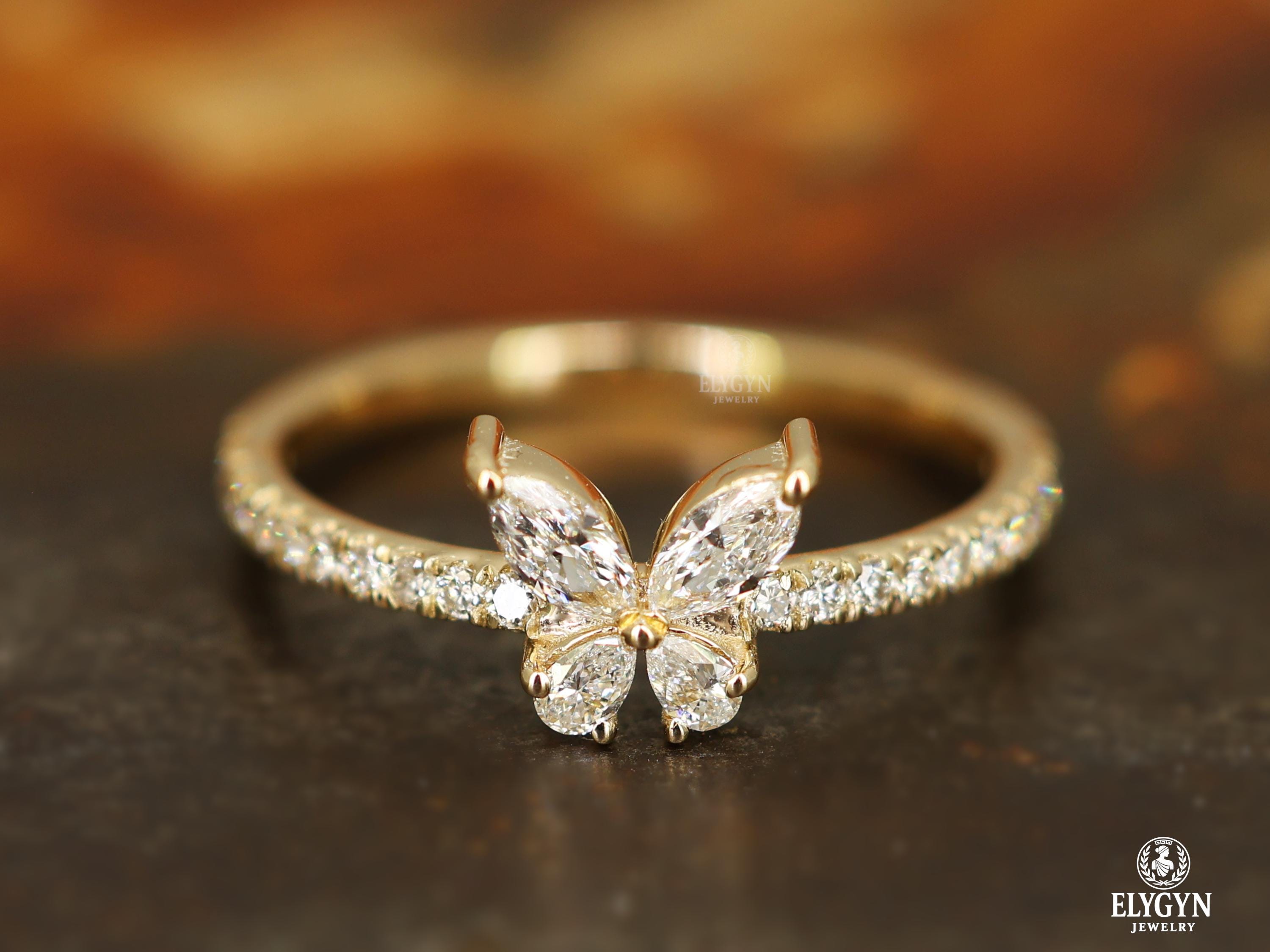 10K Yellow Gold Kids Pink Amethyst Butterfly Ring - Size 4 Pinky Ring For Little Girls, Real Gold Jewelry