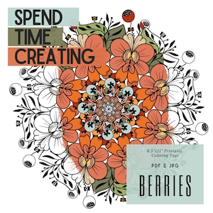 Printable Berries Coloring Page, Mandala, 8.5&quot;x11&quot;, JPG & PDF