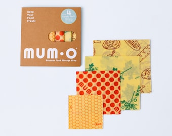 Beeswax Wraps — Assorted Set of 4 (S,M,L,XL) — Eco-Friendly Food Storage