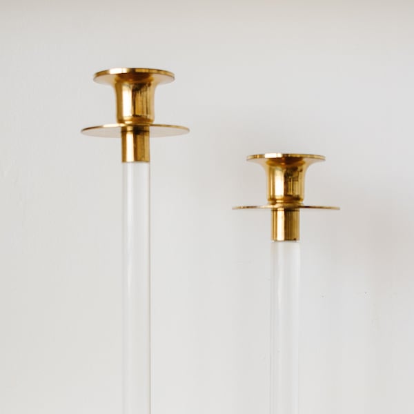 Set of Brass Candleholders, Lucite Candle Stick Holder, Vintage Gold Colored Candle holders, Mid-Century Regency Home Decorations