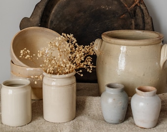 Set of Small Stoneware Mustard Pots, Beige Glazed Storage Pot, Vintage Gray Pottery Decorative Mini Vases