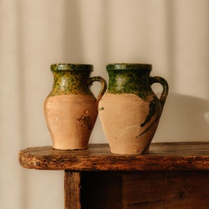 Vintage Turkish Terracotta Jug set of 2, Small Rustic Clay Vase, Handmade Pottery, Antique Green Glazed Mediterranean Earthenware Pitcher