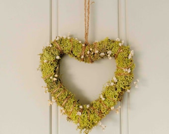 Handcrafted Heart shaped Small Wreath, Moss Heart Adorned with Dried Flowers, Natural Spring Decoration, Mothersday Gift for her