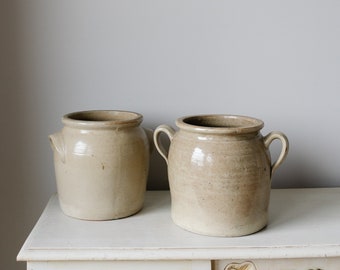 French Stoneware Confit Pot Vase , Medium Small Glazed Beige Vintage Crock Pots from France, Antique French Confit Pot