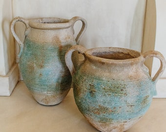 Outdoor Vases with Handles, Decorative Pots for garden, Mediterranean home decor, Vintage inspired Amphora Vase with Patina