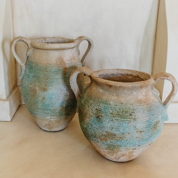 Outdoor Vases with Handles, Decorative Pots for garden, Mediterranean home decor, Vintage inspired Amphora Vase with Patina