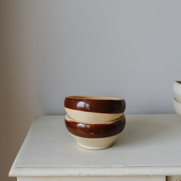 Old French Stoneware Bowls with brown rim, Ceramic Vintage Digoin Bowl, Small Glazed Old French Pottery