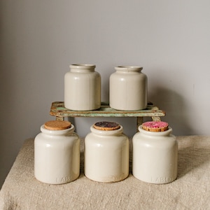 French Stoneware Mustard Pots Lab Lagny, Beige Glazed Storage Pot with Cork, Vintage Grey Beige Pottery Jar, French Country Utensil Holder