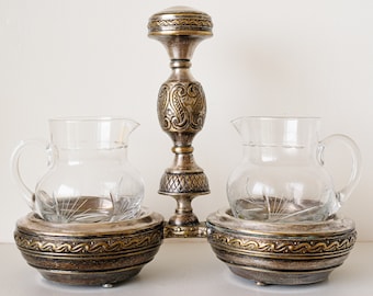 Antique Spanish oil and Vinegar Set, Bohemia Espanola, Crystal Cut Glass Pitchers, 20th Century Decanters with Silver Plated Metal Holder