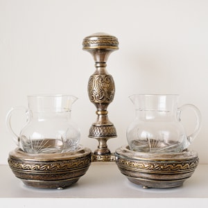 Rare Antique Spanish oil and Vinegar Set Bohemia Espanola, Crystal Cut Glass Pitchers, 20th Century Decanter with Silver Plated Metal Holder