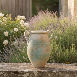 Utomhusvaser med handtag, Dekorativa krukor för trädgården, Medelhavsinspirerad heminredning, Vintageinspirerad amforavas med patina
