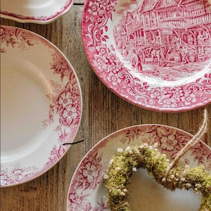Platos rosas franceses antiguos, Ironstone Terre de fer, plato vintage coleccionable, Saint Amand et Hamage Marie-Louise, Orchies Nord Eglantine