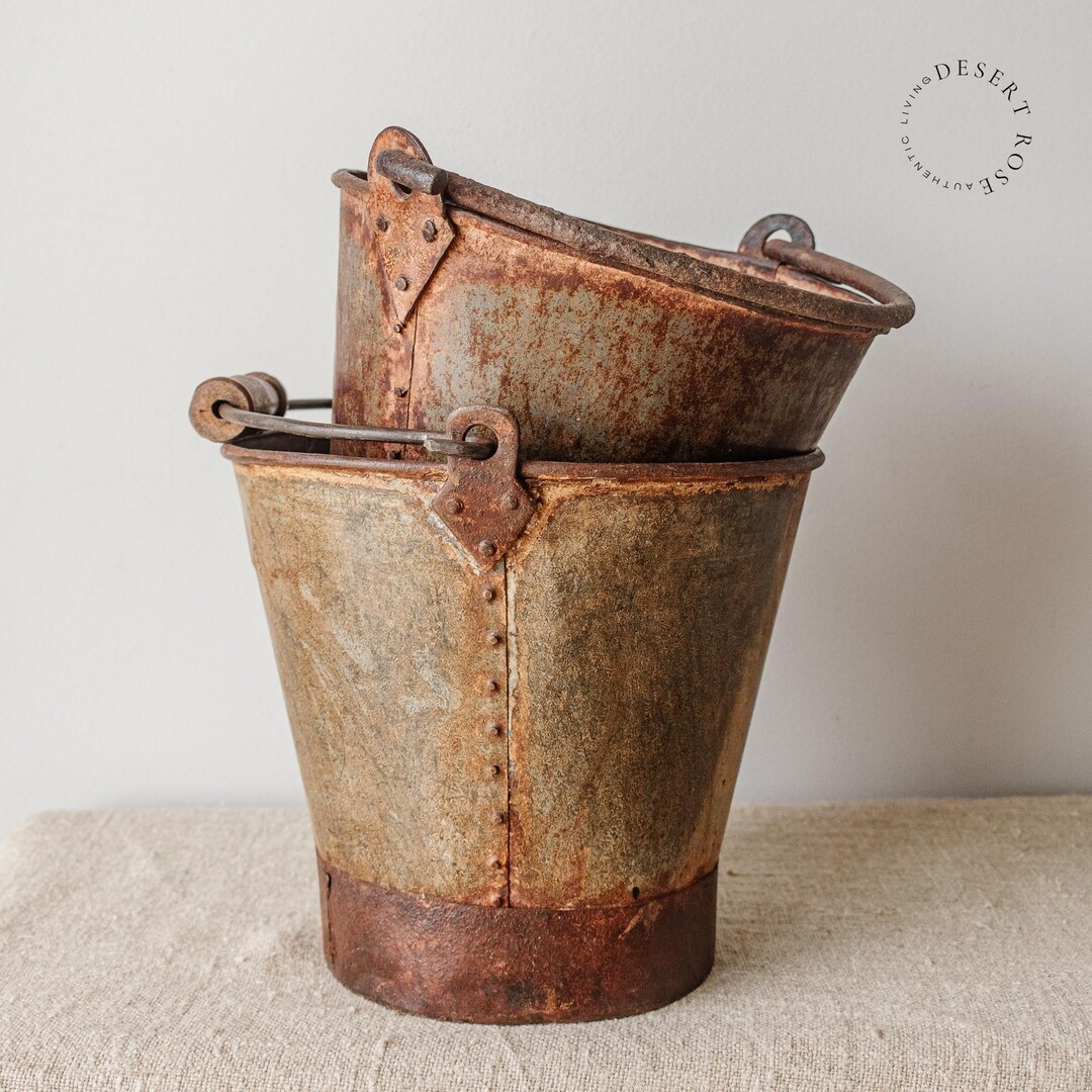 Rustic Metal Bucket With Wooden Handle – Vintage Patina Farmhouse Decor ...