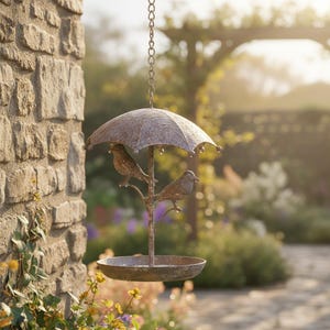 Comedero para pájaros con forma de paraguas - Decoración rústica para jardín resistente a la intemperie - Comedero colgante para pájaros - Adorno para jardín con dos pájaros