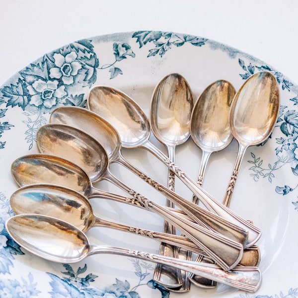 Vintage Silver Plated Cutlery Set of 9 Spoons, Antique Silverplate Spoon with Initials I.P.
