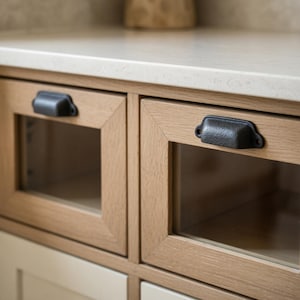 Op de afbeelding: Close-up van een keukenkast met twee houten deuren met glazen panelen en zwarte metalen handgrepen. De kastdeuren zijn lichtbruin met een crèmekleurige basis en het aanrecht is lichtbeige.