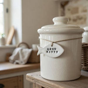 Op de afbeelding: Een crèmekleurige keramische pot met deksel, voorzien van een visvormig label met de tekst "GOOD KITTY" in zwarte letters. De pot is vastgebonden met touw en staat op een houten oppervlak, waarschijnlijk in een keuken.